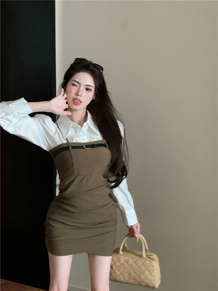 Real shot!  New Autumn and Winter Korean Style Shirt Suspender Slim Fit Hip Dress Two-piece Set