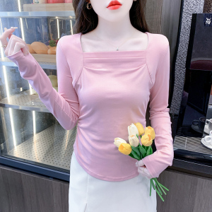 RM24761#纯色方领收褶修身卫衣女秋季2023年新款时尚气质简约百搭上衣