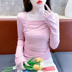 RM24761#纯色方领收褶修身卫衣女秋季2023年新款时尚气质简约百搭上衣