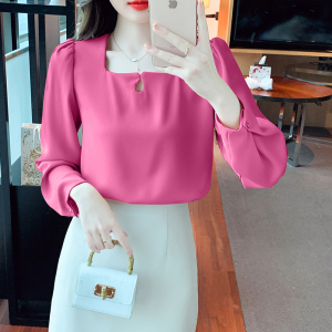 RM22551#新款长袖雪纺衬衫女设计感法式水滴领玫红上衣