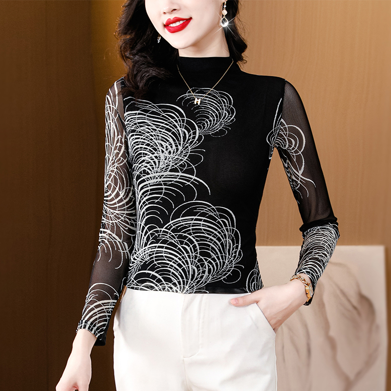2024秋冬大碼打底衫女套頭時尚名媛氣質半高領印花網紗 非定位花