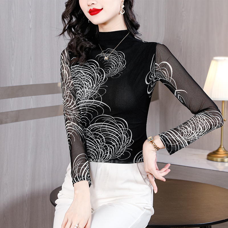 2024秋冬大碼打底衫女套頭時尚名媛氣質半高領印花網紗 非定位花