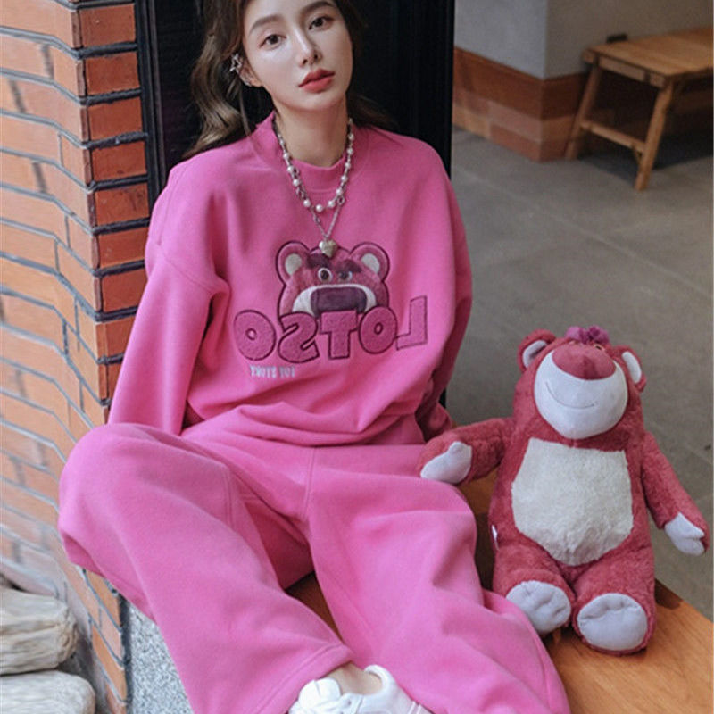 Strawberry Bear Pink Sweatshirt Casual Fashion Suit Women's Spring and Autumn Loose Street Sports Two-piece Set