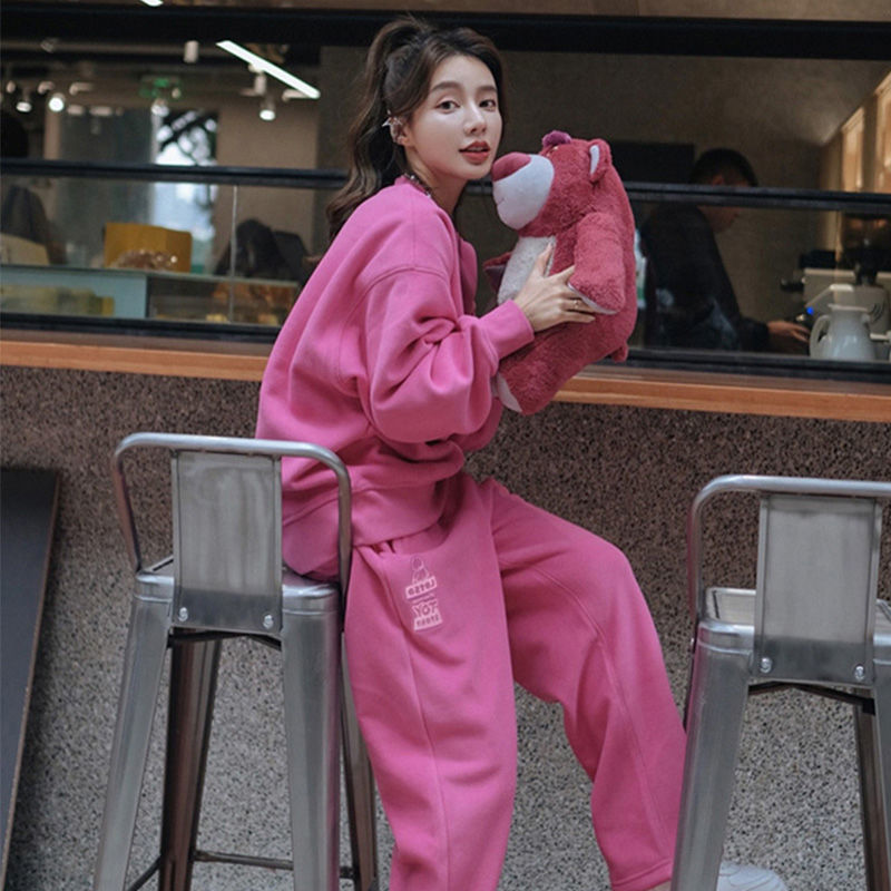 Strawberry Bear Pink Sweatshirt Casual Fashion Suit Women's Spring and Autumn Loose Street Sports Two-piece Set