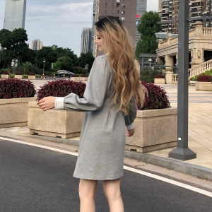 TR52343# 女秋季款港味POLO领设计感收腰刺绣灯笼袖连衣裙 服装批发女装批发服饰货源