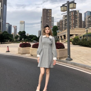 TR52343# 女秋季款港味POLO领设计感收腰刺绣灯笼袖连衣裙 服装批发女装批发服饰货源