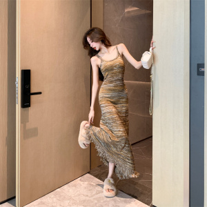 RM23087#韩版时尚流苏条纹拼色气质吊带针织加厚背心连衣裙