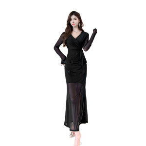 Fish Tail Dress Autumn New Style Waistband Mesh Strap Slim Long Dress for Women