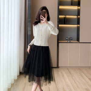 RM23552#拼接假两件毛衫连衣裙纱裙韩版时尚减龄气质