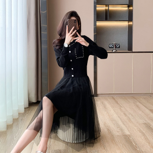 RM23552#拼接假两件毛衫连衣裙纱裙韩版时尚减龄气质