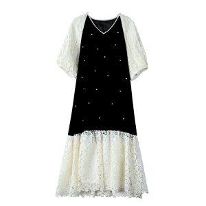 RM24133#新款时光丝光绒拼蕾丝钩花钉珠V领高级感时尚大码连衣裙
