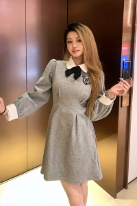 TR52343# 女秋季款港味POLO领设计感收腰刺绣灯笼袖连衣裙 服装批发女装批发服饰货源