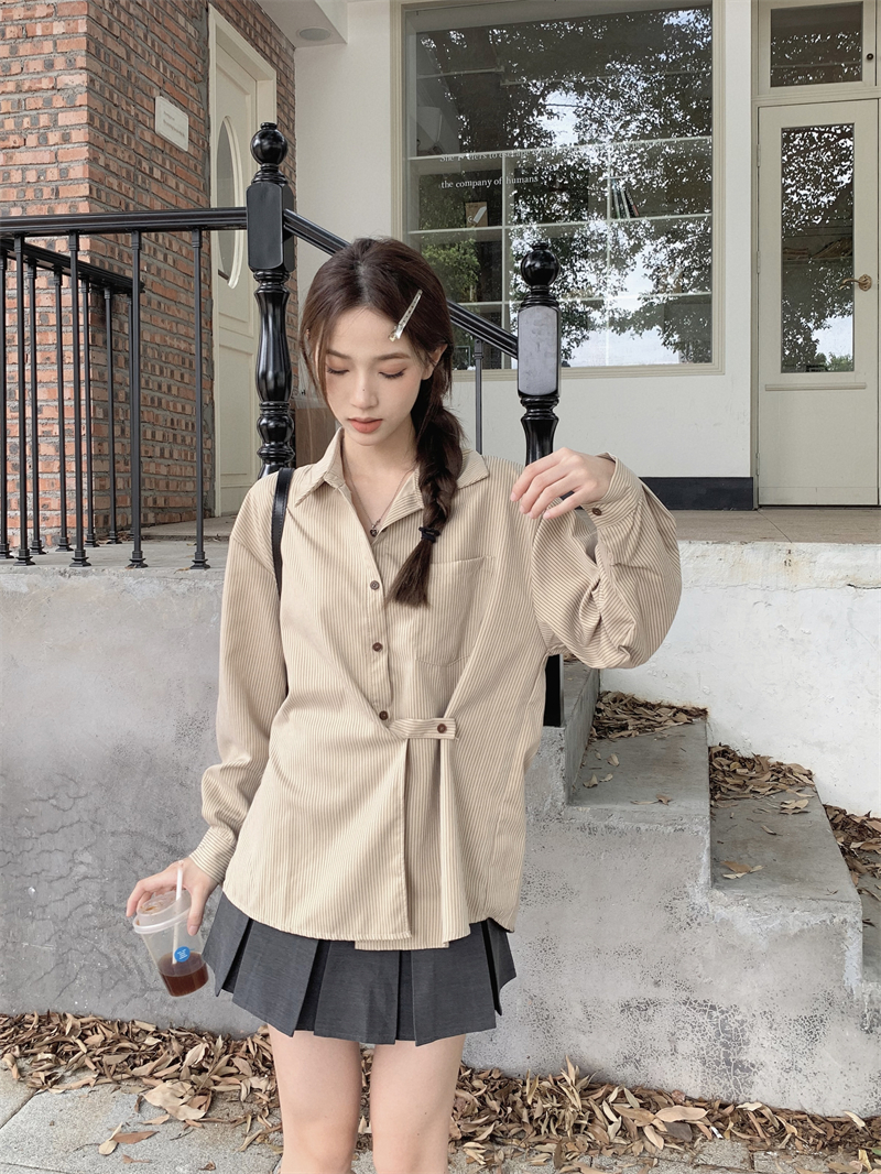 实拍 春季韩系设计感不规则磨毛条纹宽松斜绑衬衫长袖上衣女