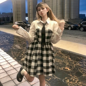 TR52342# 大码女装～茶歇法式复古文艺假两件收腰气质格子连衣裙 服装批发女装批发服饰货源