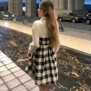 TR52342# 大码女装～茶歇法式复古文艺假两件收腰气质格子连衣裙 服装批发女装批发服饰货源