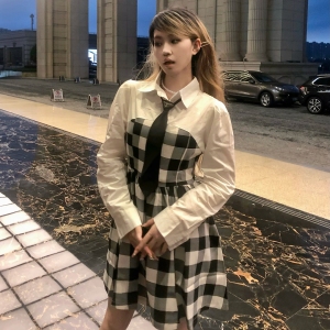 TR52342# 大码女装～茶歇法式复古文艺假两件收腰气质格子连衣裙 服装批发女装批发服饰货源