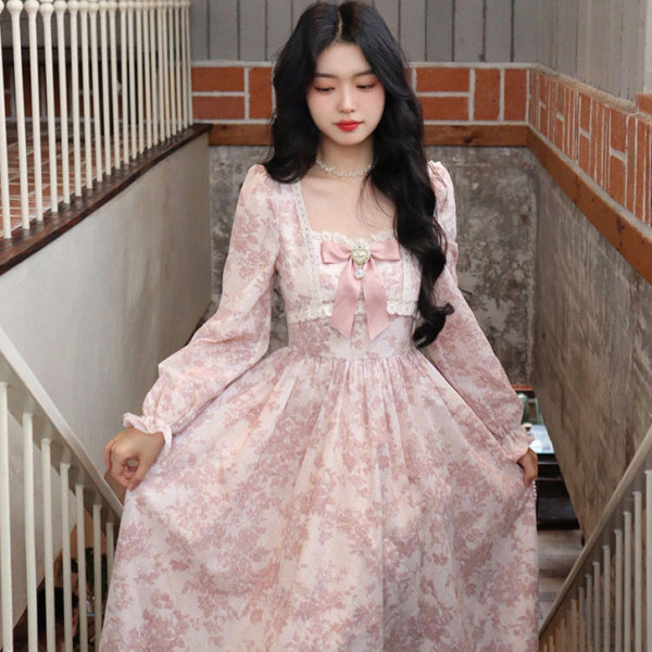 Four-sided elastic + lining 2023 spring and autumn large size gentle style French super fairy sweet long-sleeved dress for women