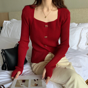 TR53011# 优质加厚设计感拼接红色开衫短款毛衣女套指小众打底衫 服装批发女装批发服饰货源