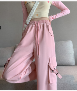 RM22499#粉色工装裤女春秋2023新款高腰显瘦垂感阔腿窄版休闲运动裤