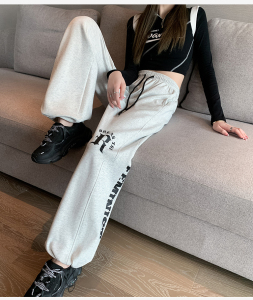 RM22498#高级感灰色字母长裤女嘻哈宽松爵士舞直筒运动hiphop休闲裤