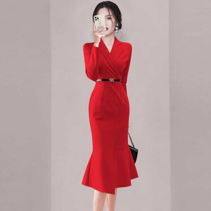 RM22549#新款气质修身高端西装裙通勤红色鱼尾连衣裙女礼服长袖