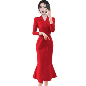 RM22549#新款气质修身高端西装裙通勤红色鱼尾连衣裙女礼服长袖