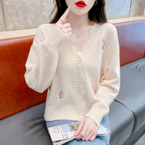 RM25521#韩版刺绣花朵V领长袖毛衣女2023秋季新款甜美设计感针织开衫上衣