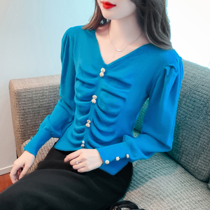 RM24268#新款V领甜美设计感气质修身泡泡袖针织衫百搭短款上衣女