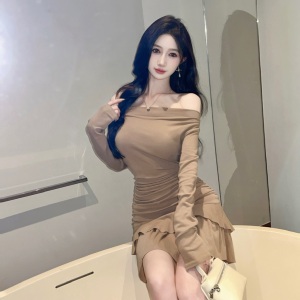 Off Shoulder Tight Wrap Hip Ruffle Long Sleeve Cotton High Elastic Dress with Off Neck