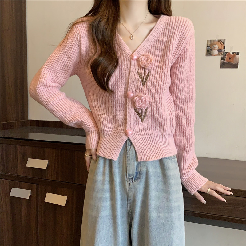 Korean style small fragrant style knitted sweater for women new v-neck gentle retro style loose short cardigan