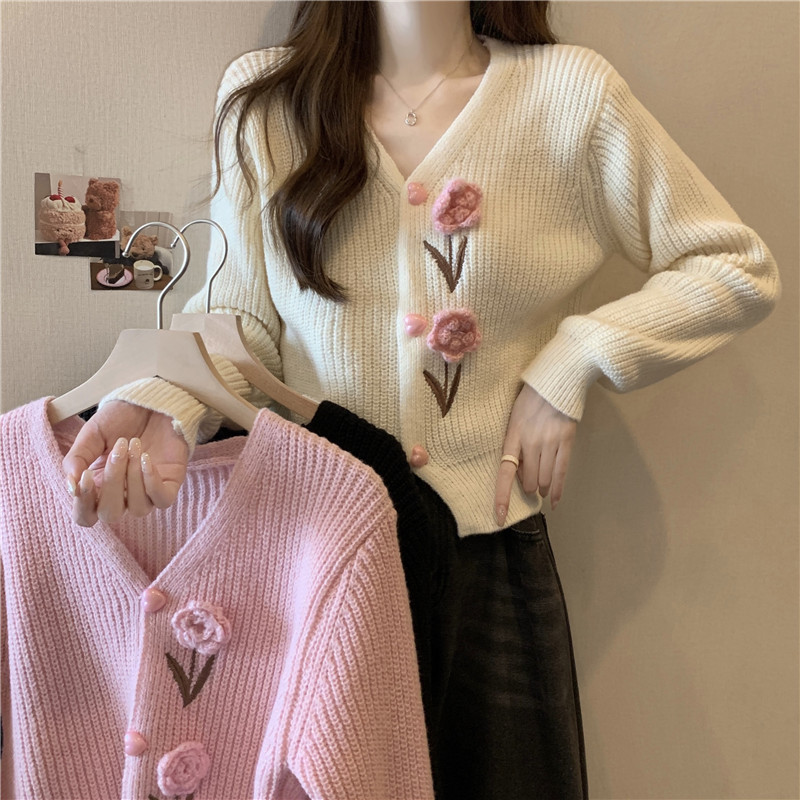 Korean style small fragrant style knitted sweater for women new v-neck gentle retro style loose short cardigan