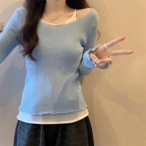 RM23073#2023长袖假两件针织衫上衣女韩版内搭减龄百搭女装潮