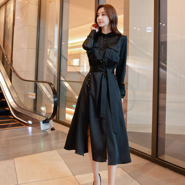 RM22822#新款韩版时尚气质优雅显瘦名媛风纯色单排扣衬衣裙连衣裙