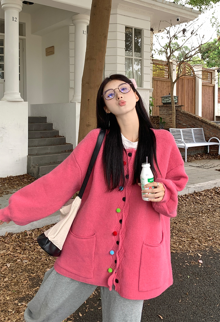 Actual shot of early spring Korean chic lazy style soft and sweet handmade colorful crocheted sweater cardigan