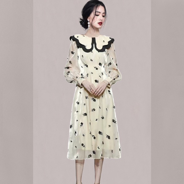 RM22818#新款韩版时尚双层娃娃领收腰显瘦玫瑰印花大摆A字连衣裙