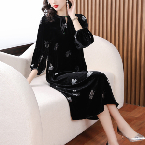 RM22592#新款桑蚕丝高织高密丝绒连衣裙优雅气质中长裙子