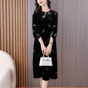 RM22592#新款桑蚕丝高织高密丝绒连衣裙优雅气质中长裙子