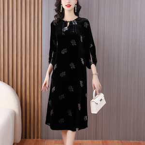 RM22592#新款桑蚕丝高织高密丝绒连衣裙优雅气质中长裙子