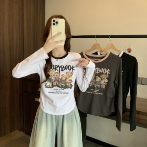 TR51125# 大码微胖秋装新款美式卡通撞色修身减龄百搭长袖T恤上衣 服装批发女装批发服饰货源
