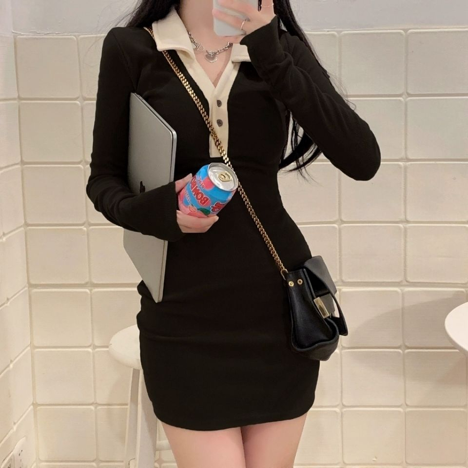 This year's popular  autumn and winter new women's clothing sexy temperament hip-hugging short skirt hot girl contrasting color slim dress