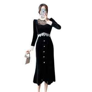 RM25149#丝绒连衣裙法式2023秋季设计感蕾丝裙泡泡袖立领长裙