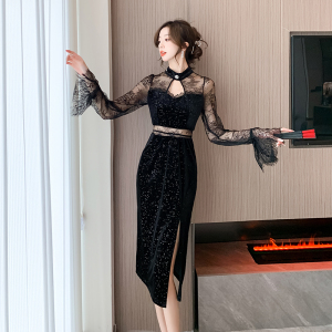 RM25148#高端精致黑色性感蕾丝连衣裙2023秋季新款女神范高级感