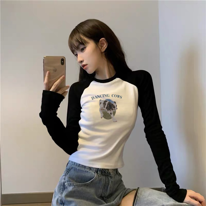 American retro contrasting letter long-sleeved T-shirt for women in autumn and winter new hot girl slim-fitting bottoming shirt top