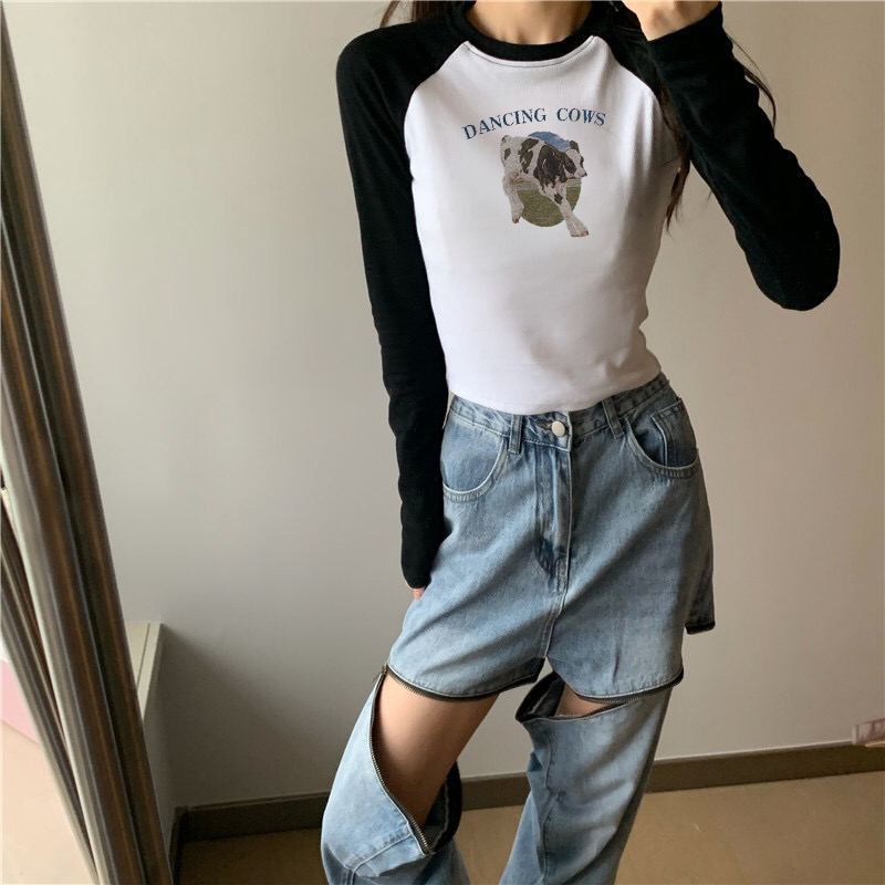 American retro contrasting letter long-sleeved T-shirt for women in autumn and winter new hot girl slim-fitting bottoming shirt top