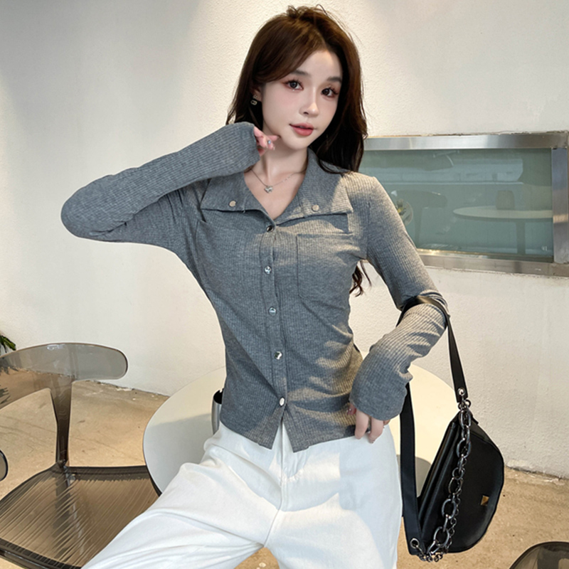 T-shirt women's spring and autumn short section slimming all-match hot girl polo shirt white tight long-sleeved cardigan top