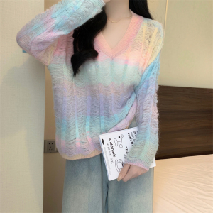 RM24060#新款慵懒风v领渐变彩虹针织衫女高级设计感小众宽松长袖
