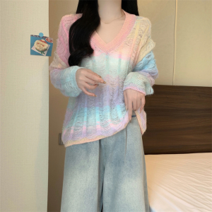 RM24060#新款慵懒风v领渐变彩虹针织衫女高级设计感小众宽松长袖
