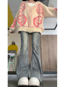 RM22496#美式复古微喇叭牛仔裤女秋冬新款小众设计感高腰显瘦弹力拖地裤子