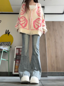 RM22496#美式复古微喇叭牛仔裤女秋冬新款小众设计感高腰显瘦弹力拖地裤子