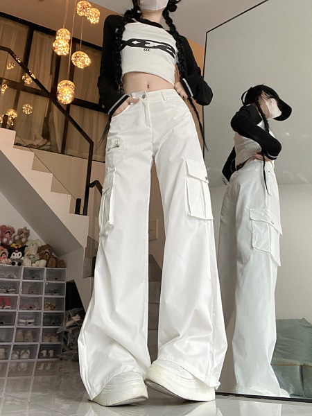 RM22492#美式白色直筒工装裤高腰口袋宽松休闲拖地长裤子ins潮